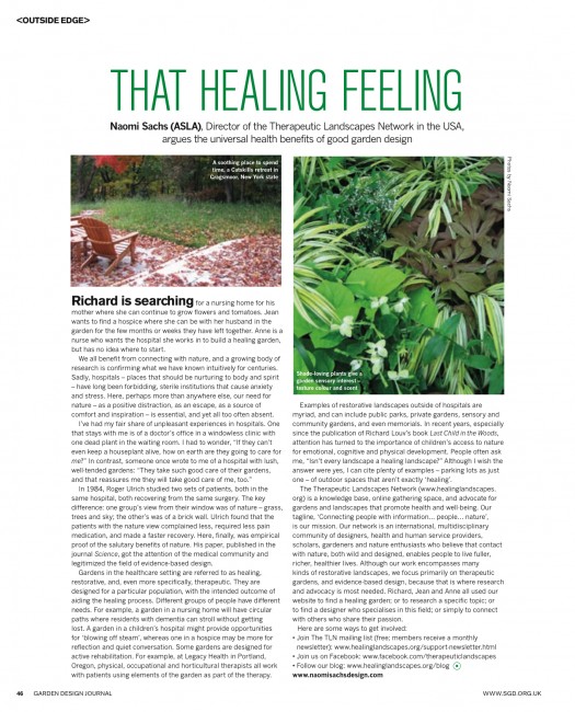 Garden Design Journal article by Naomi Sachs, "That Healing Feeling."