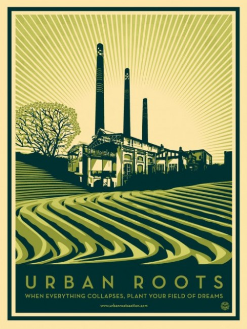 Urban Roots poster by Shepard Fairy, http://obeygiant.com/prints/urban-roots-a-new-documentary-by-tree-media